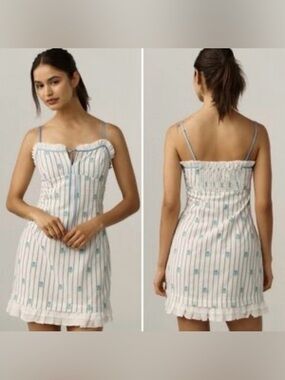 Maeve Anthropologie Mini Dress Blue Floral Stripe Ruffle Trim Spaghetti Strap